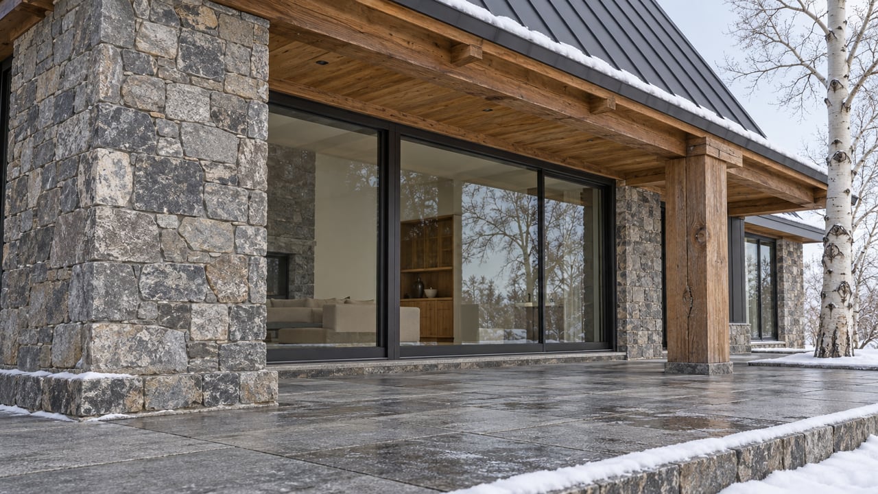 Low-angle winter view of a luxury home's stone chimney, timber terrace roof and closed bronze-black glazing above damp granite paving and a snow-lined curb.