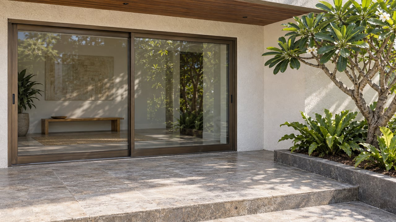 Closed bronze-framed glass doors open visually onto a sheltered basalt terrace beside a plumeria tree and bird's-nest ferns.