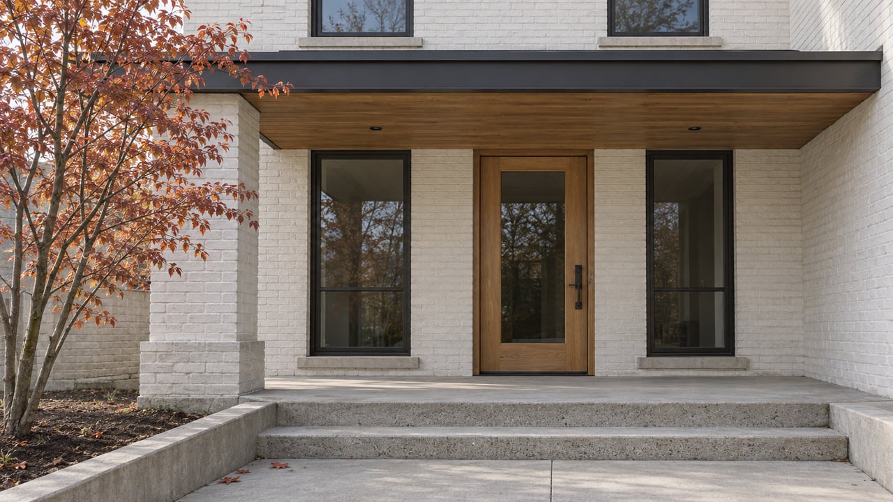 Covered entry of a white painted-brick home with dark windows, an oak door, concrete steps and copper-red serviceberry leaves.