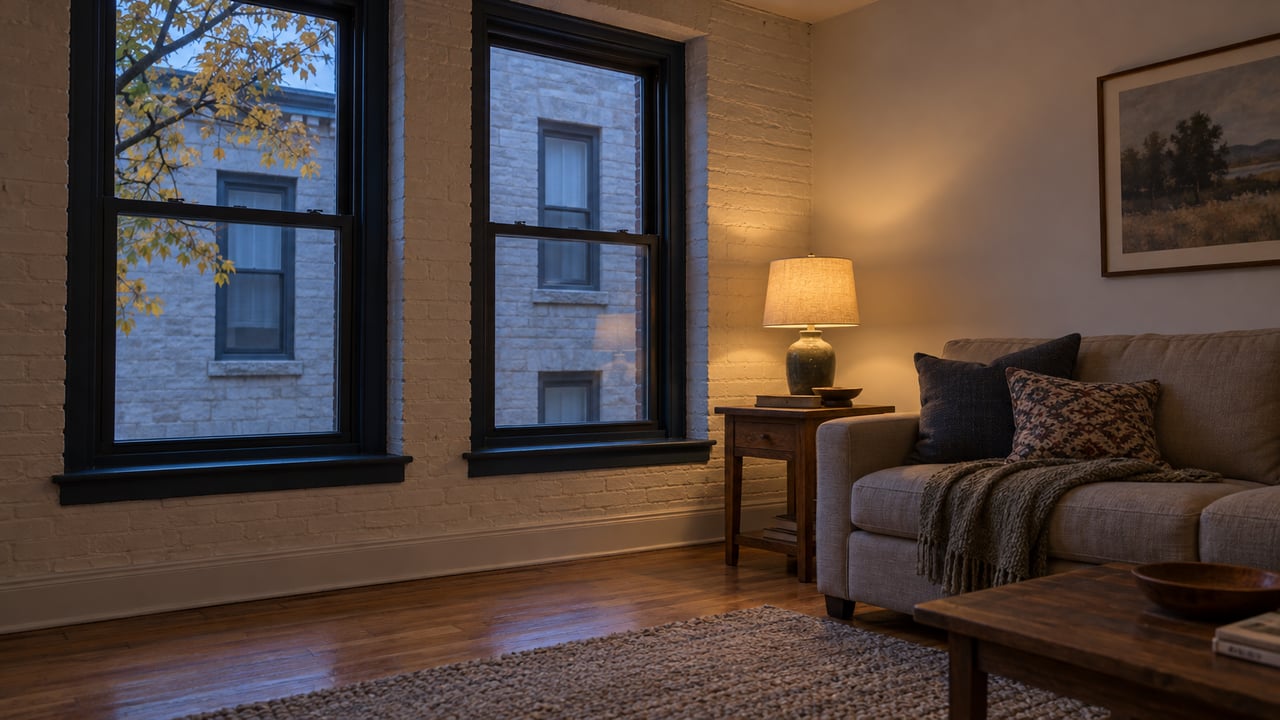 Living room with two tall windows, a lit table lamp, and yellow leaves beyond the glass.