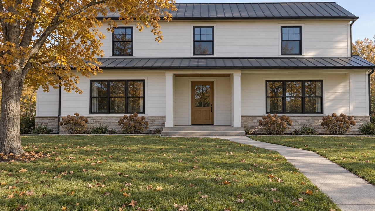 White-sided home with a charcoal metal roof beyond a broad autumn lawn, an ochre sugar maple and a concrete entry walk.