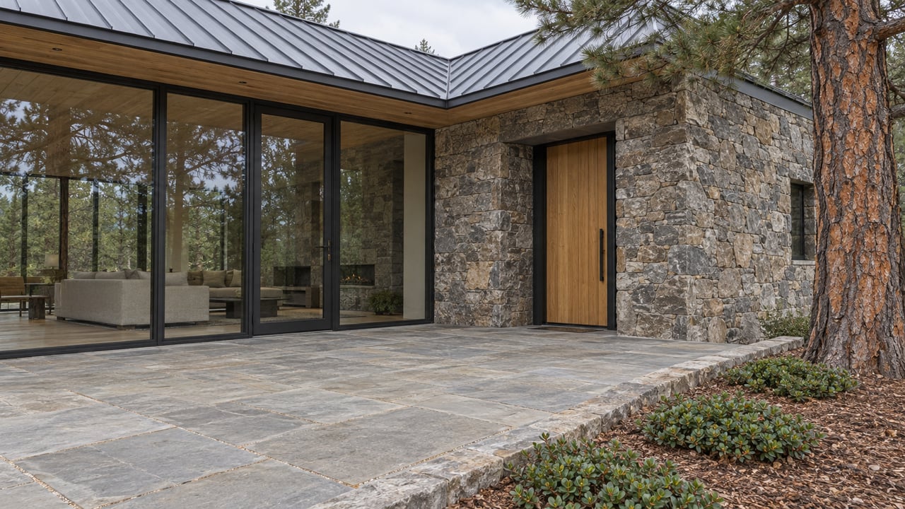 A contemporary rustic home with timber eaves, dark framed glass and a stone entry beside a sandstone terrace and mature pine.