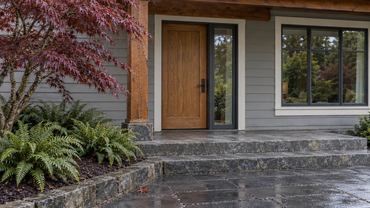 Gray cedar home with a timber-covered oak entry, rain-darkened stone steps, a burgundy Japanese maple and sword ferns.