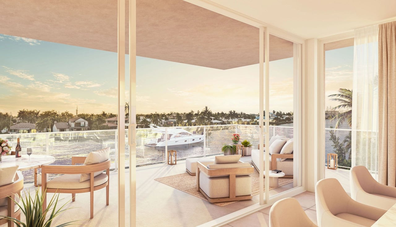 Rendering of residence living and terrace at Entourage in the Sun in Pompano Beach.