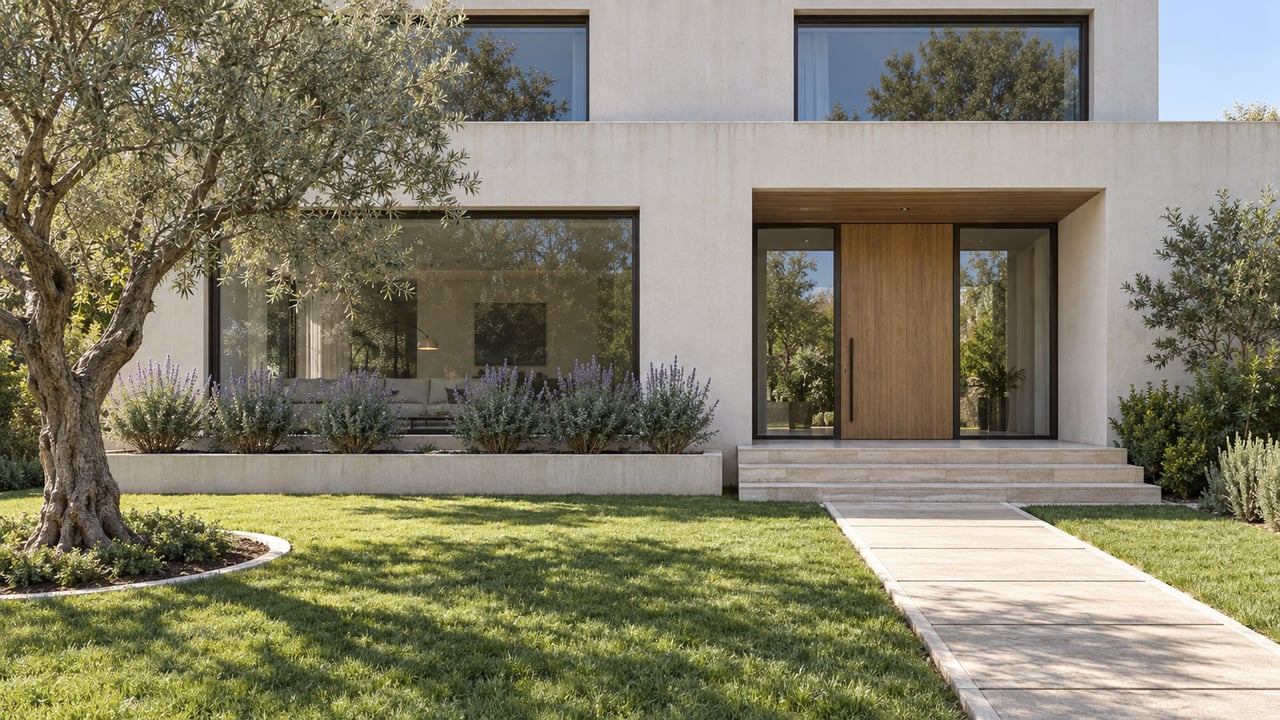 Morning light on a contemporary stucco home with bronze-framed windows, a recessed oak entry, limestone steps and a mature olive tree across a deep lawn.