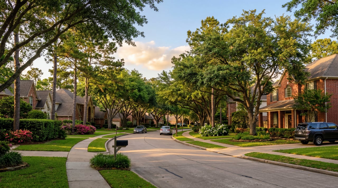 Tree-lined residential street in East Katy, Texas, with mature oaks, brick single-family homes, and landscaped lawns