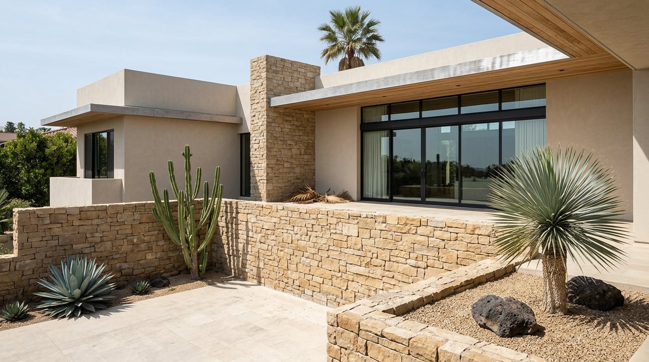 Multi-level stucco estate with a stacked-stone tower above a paver motor court, framed by cacti and retaining walls.
