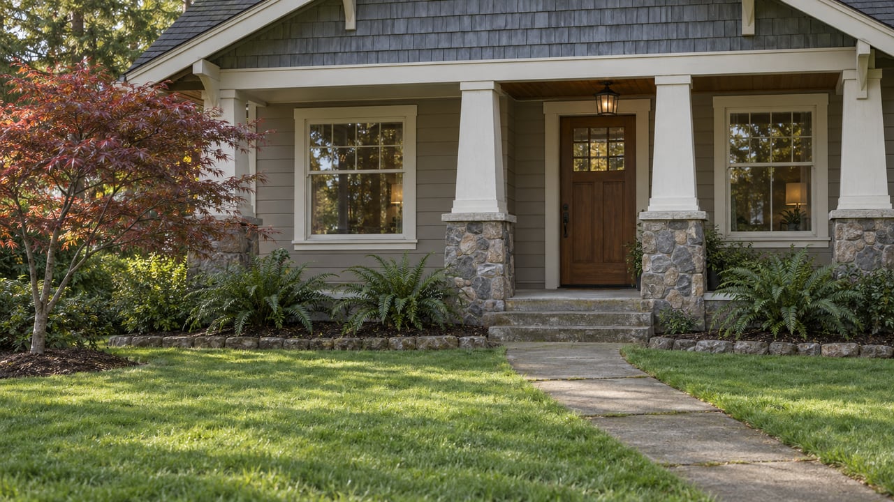Suburban house with a recessed fir door, stone-based porch columns, and a concrete walk across the lawn.