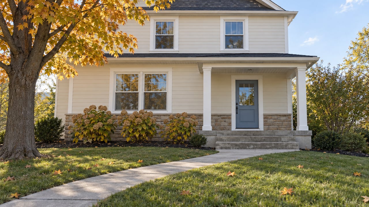 Ivory lap-sided home with a sheltered blue front door, stone foundation, autumn maple, and a curved concrete walk across the front lawn.
