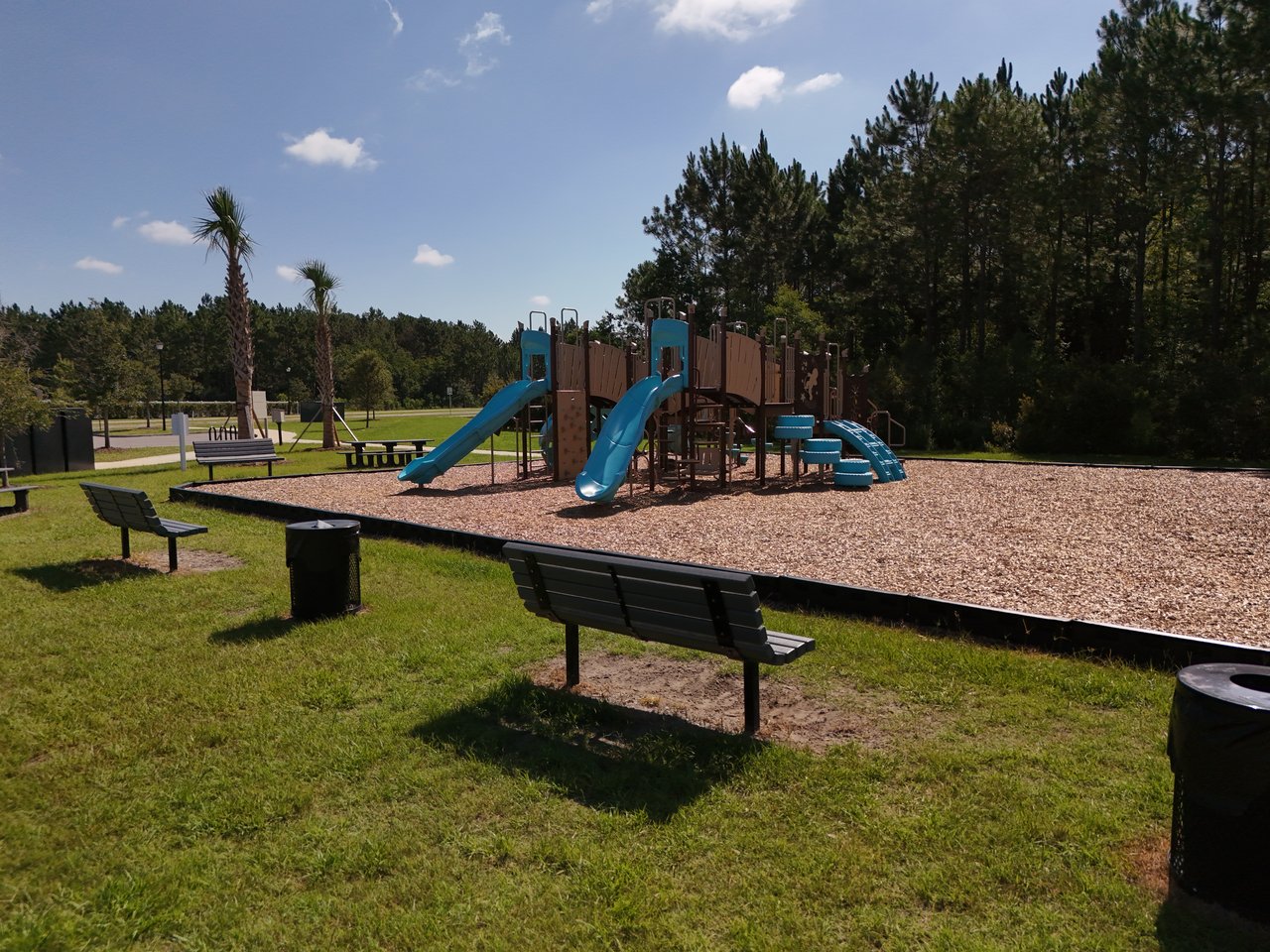 Community playground with blue slides, climbing equipment, and benches beside a grassy area.