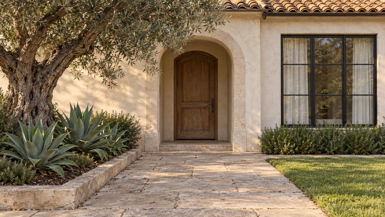 Ivory stucco entry with an oak door, black casement window, limestone paving, and an olive tree in a raised bed.