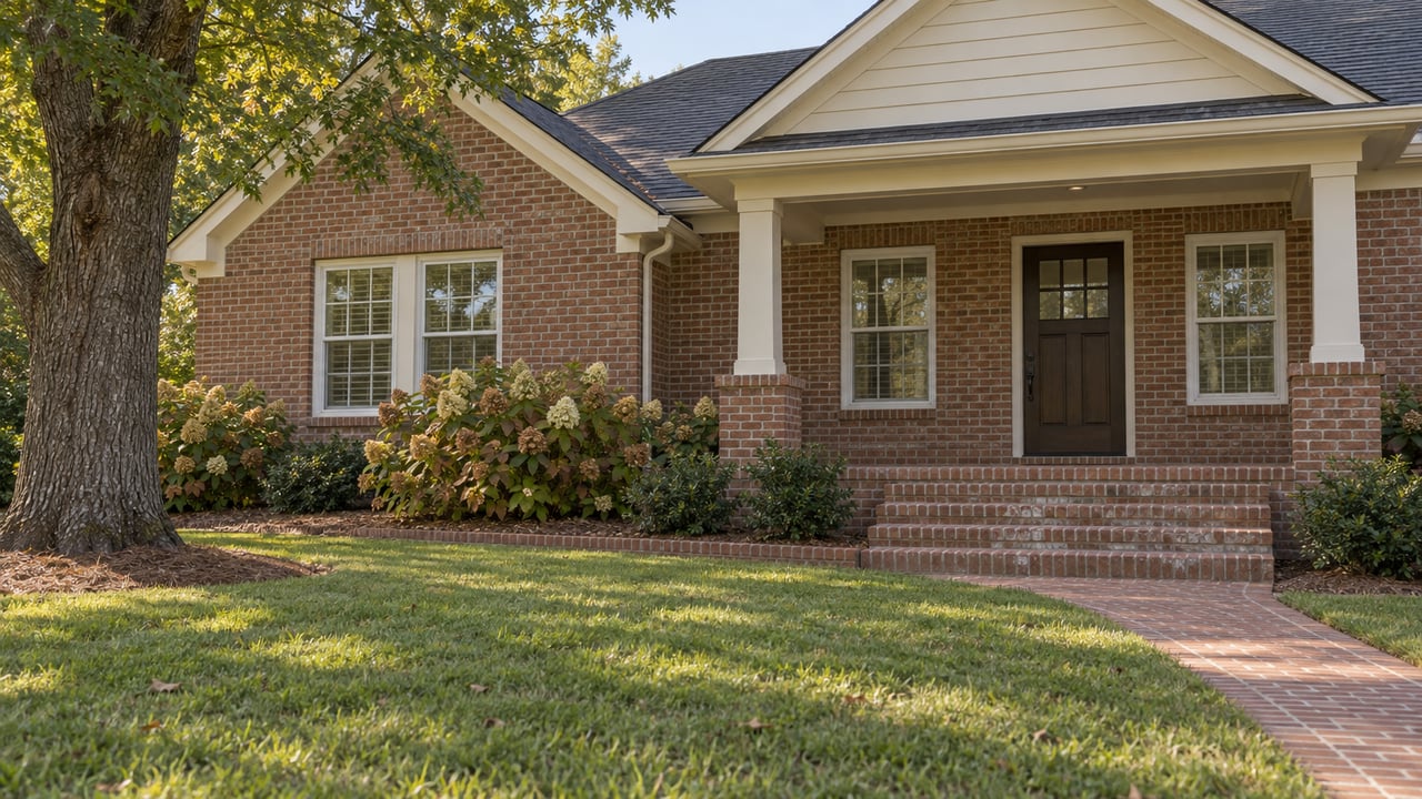 Brick home with a recessed columned porch, broad brick steps, mature oak and a deep green front lawn.