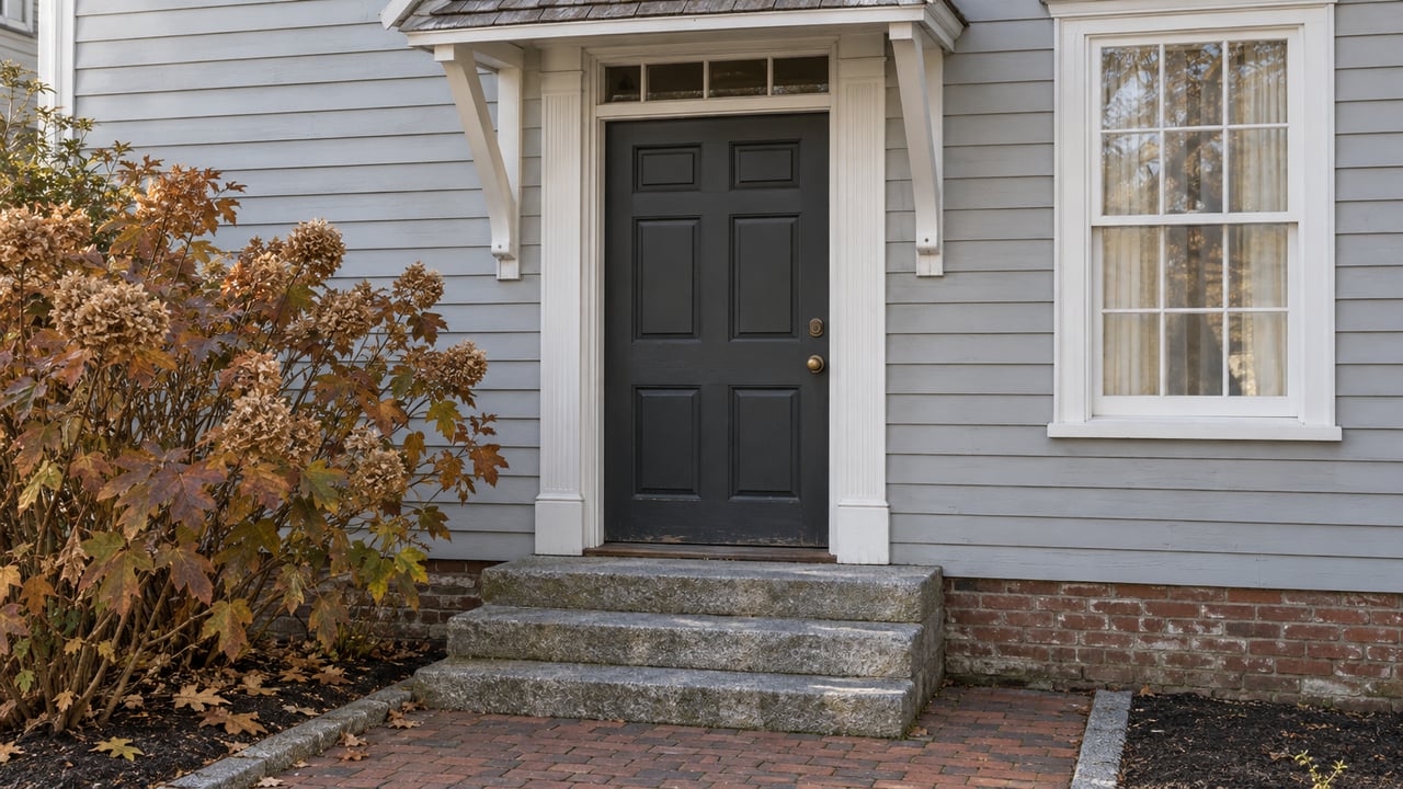 Gray clapboard entry with a charcoal door, weathered granite steps and rust-colored oakleaf hydrangeas in late-fall light.