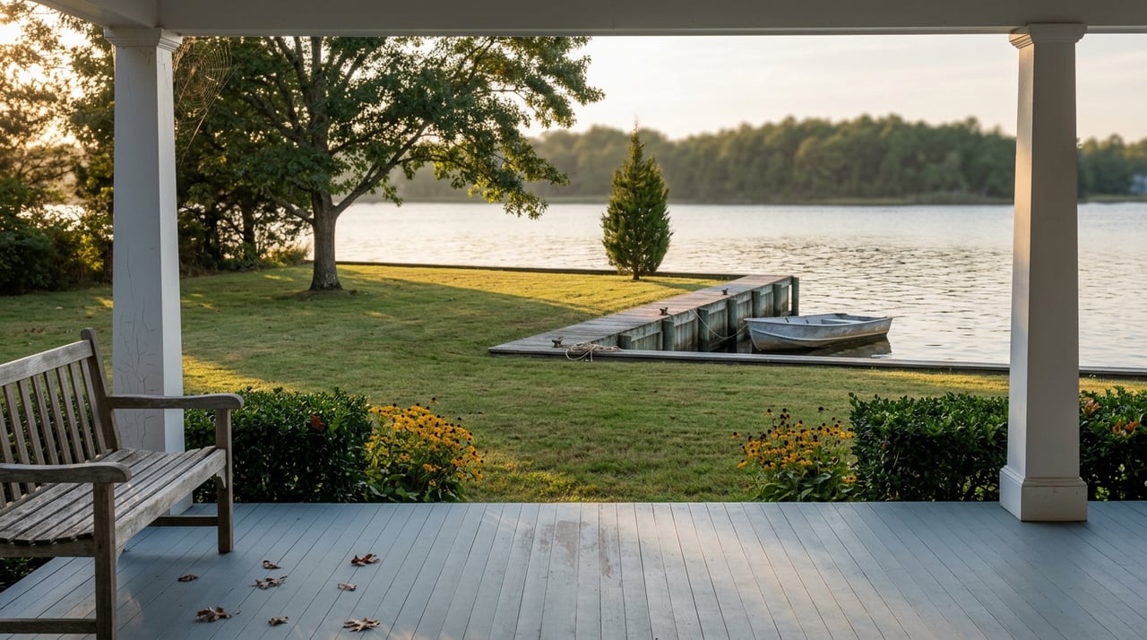 Porch columns frame a broad lawn leading to a weathered timber bulkhead, docked jon boat, and calm water.