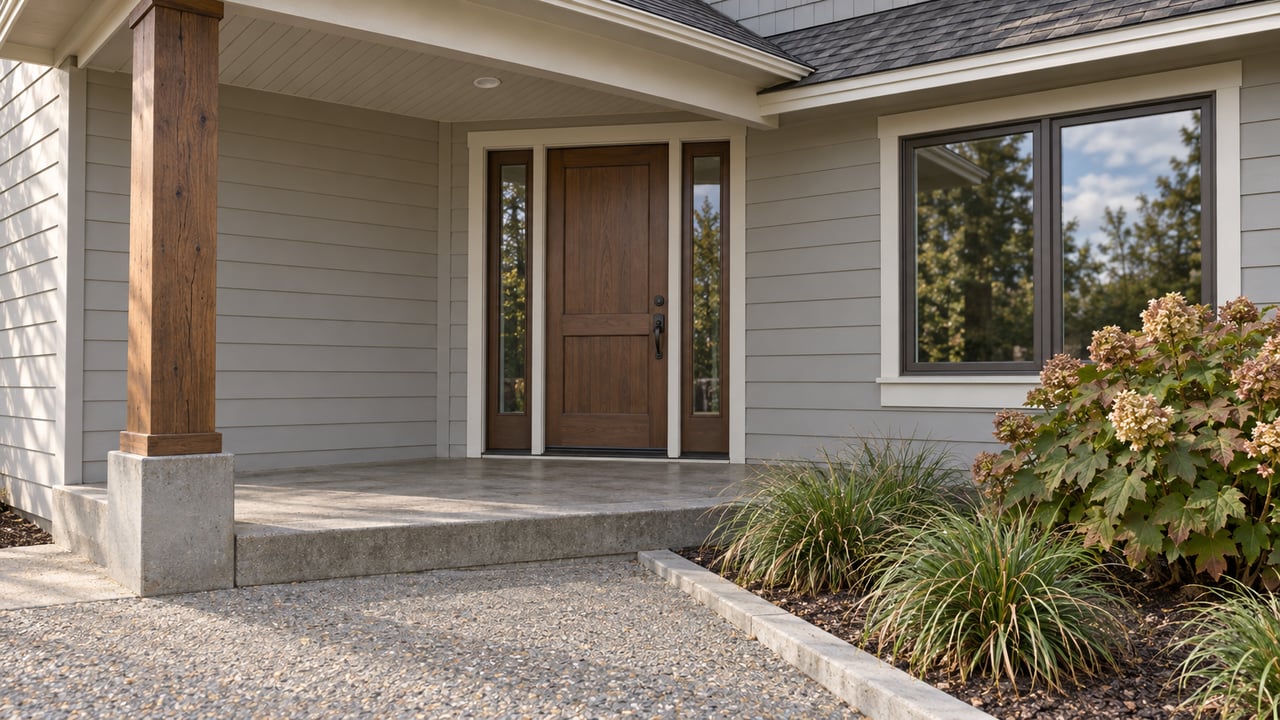 Close view of a covered home entrance with light-gray siding, a wood-toned door, paired sidelights, timber post and autumn oakleaf hydrangea beside a concrete step.