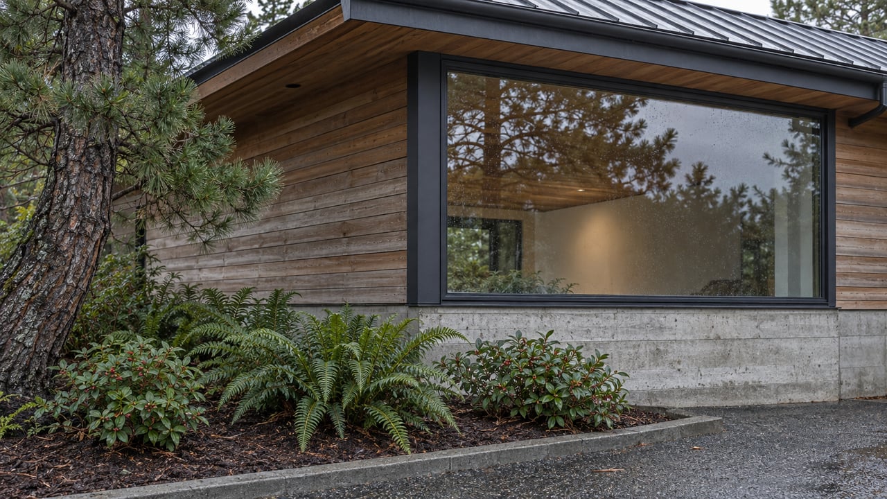 Rain-damp cedar house corner beneath a deep timber eave, with a closed picture window, shore pine, sword ferns, and salal beside an aggregate approach.