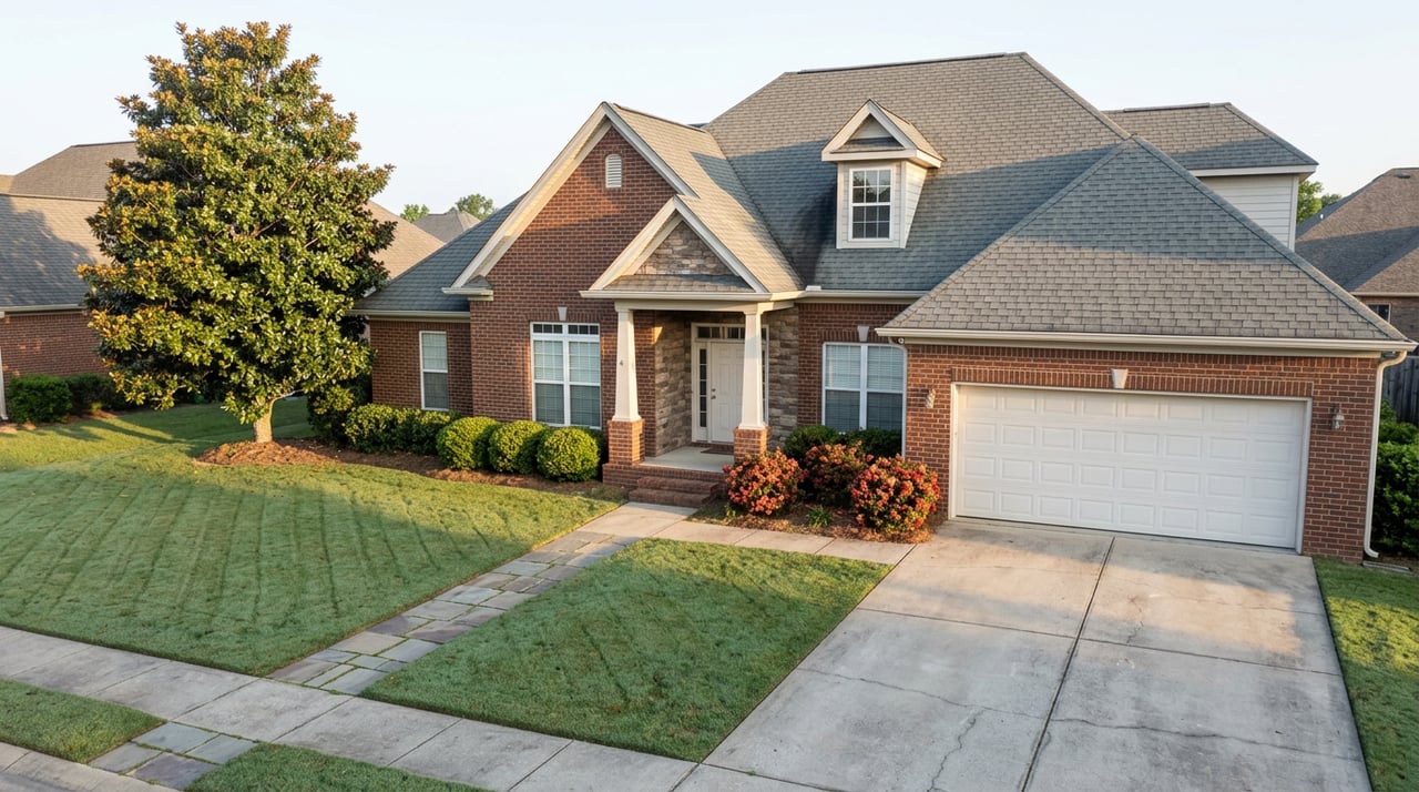 Two-story brick-and-stone home with a deep lawn, flagstone walkway, and mature magnolia tree.