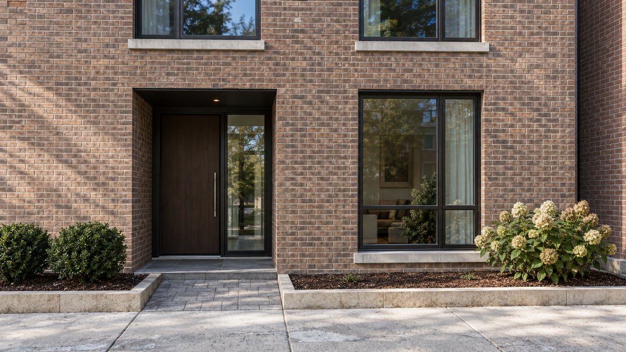 Attached brick townhome with recessed glazed entry, tall window, paver path, and two small planting beds.