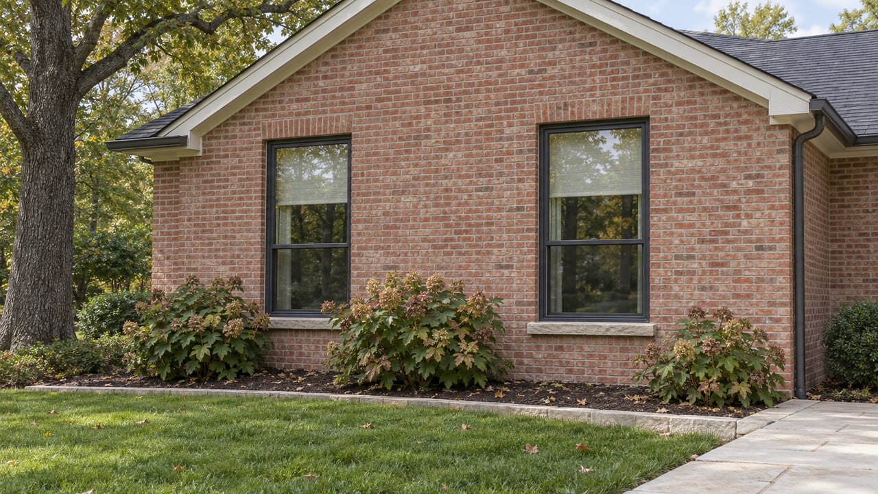 Brick gabled home wing with paired tall windows, oakleaf hydrangeas and a limestone walk beside an established lawn.