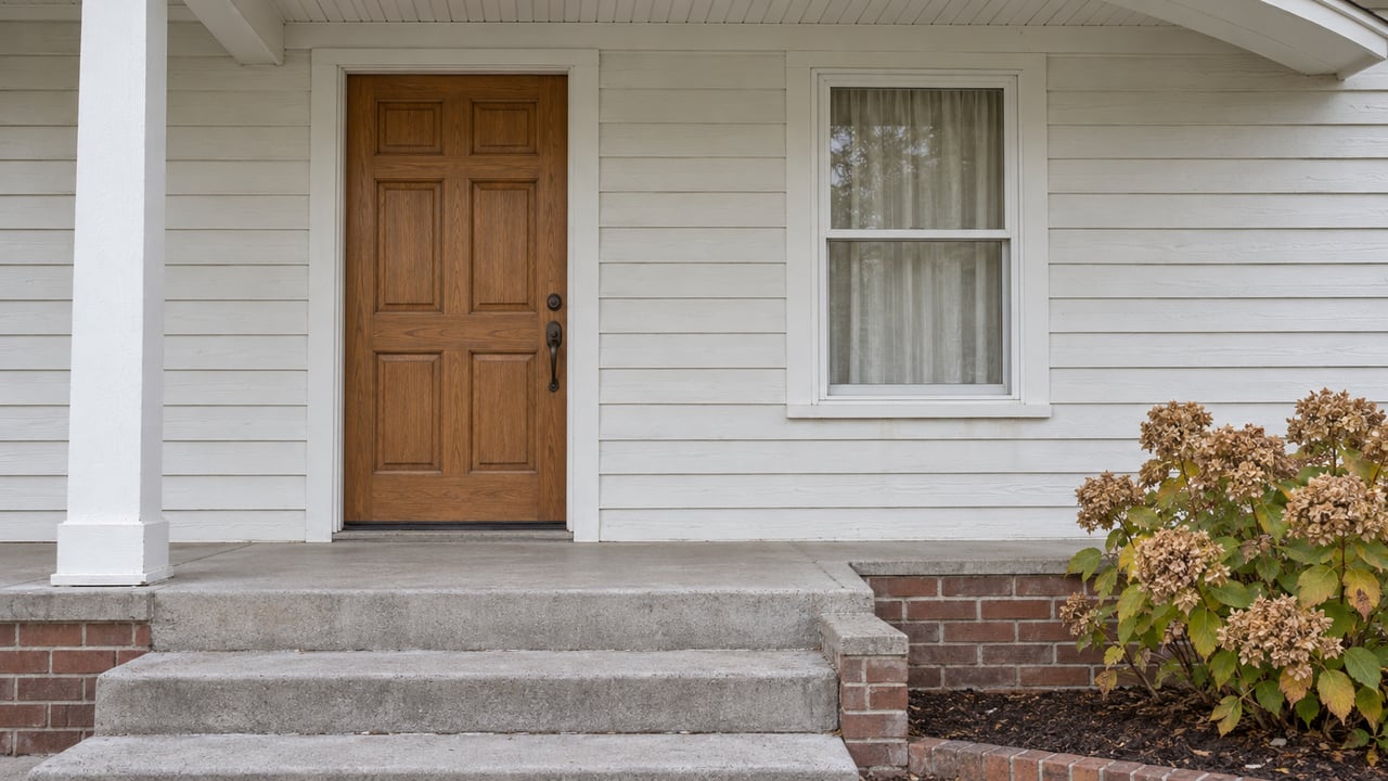 Covered entry with a warm oak door, off-white siding, red-brown brick base and autumn hydrangea beside concrete steps.