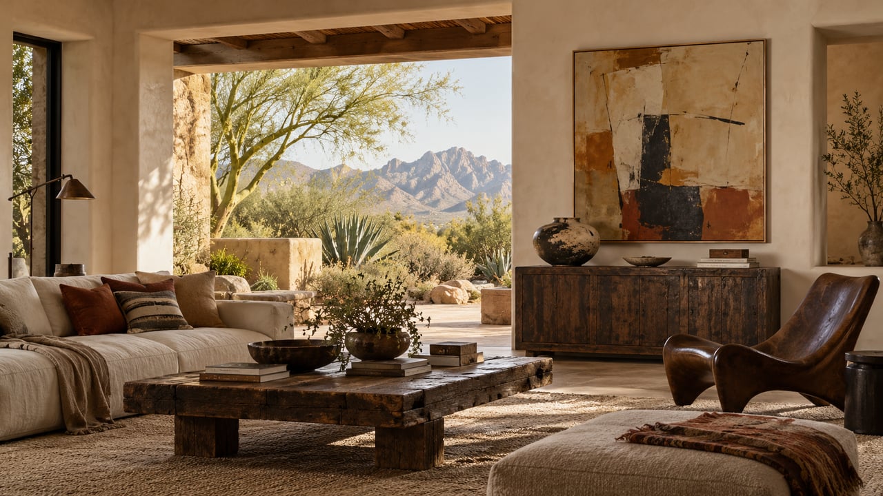 Tucson-inspired living room with an abstract painting, aged wood cabinet and ceramics beside a shaded desert courtyard.