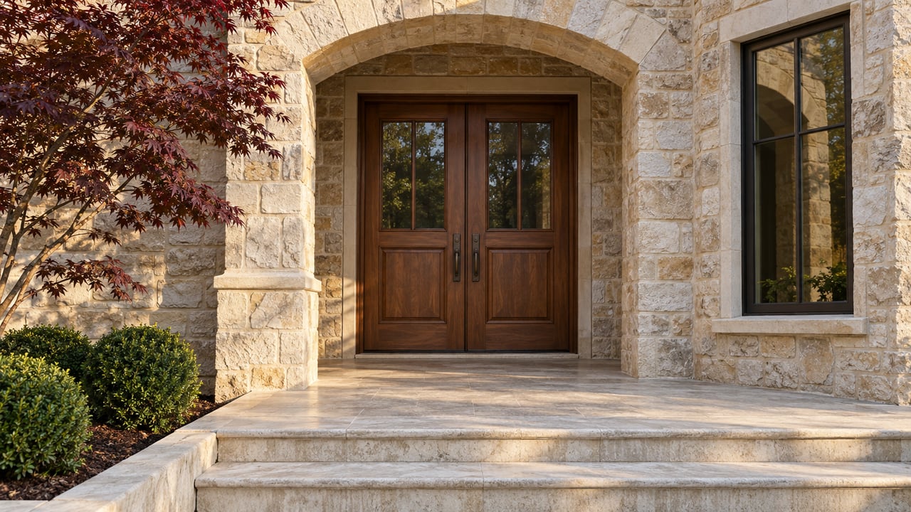 Warm sunlight crosses a limestone arched entrance with walnut double doors, broad stone steps and a burgundy-leaved Japanese maple.