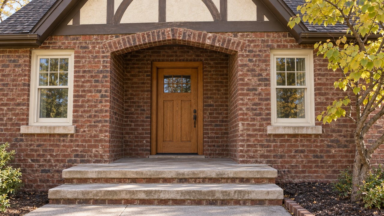 Brick cottage entrance with a timbered gable, oak door, limestone steps, and autumn redbud leaves.