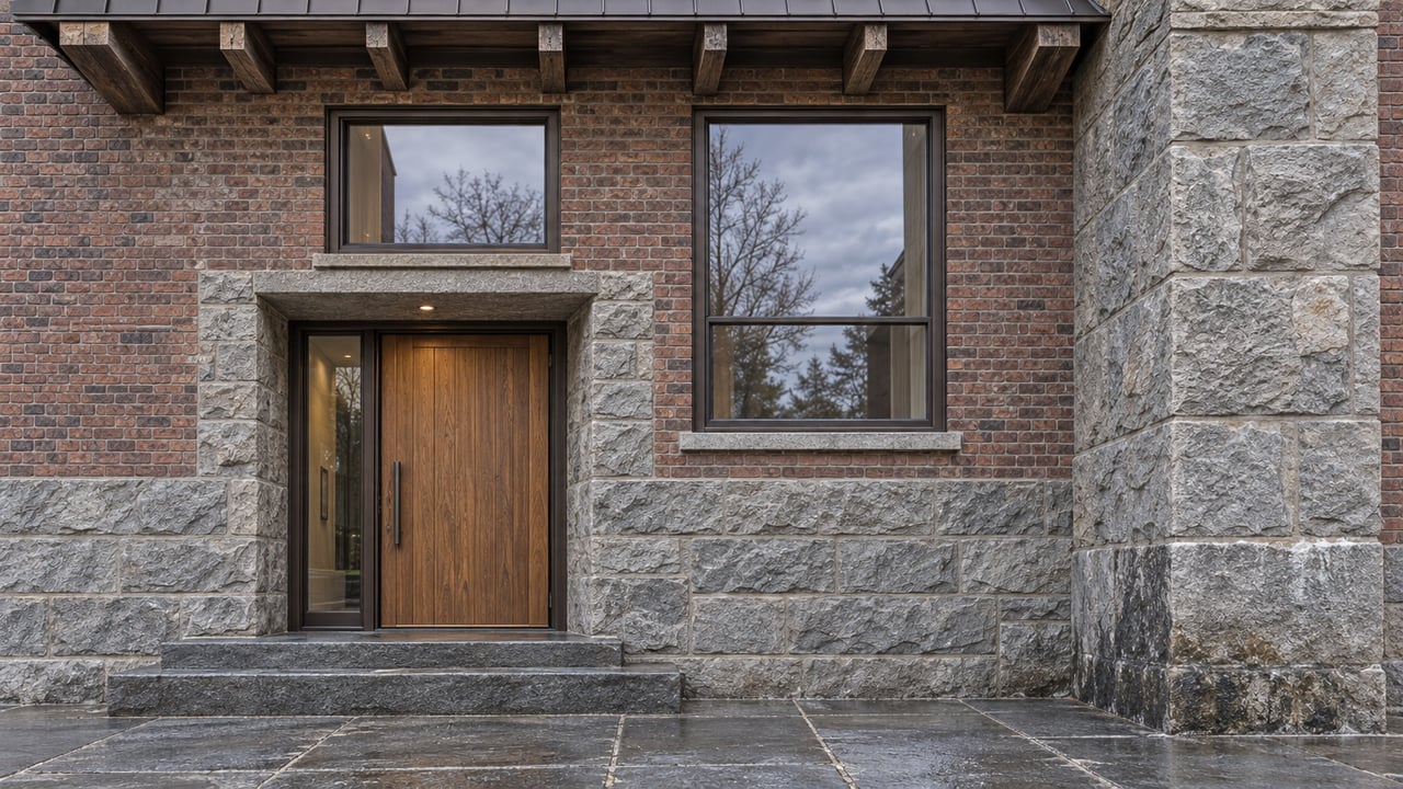 A recessed oak entrance beneath tall bronze-framed windows, weathered brick, stone walls and deep timber eaves in soft autumn daylight.
