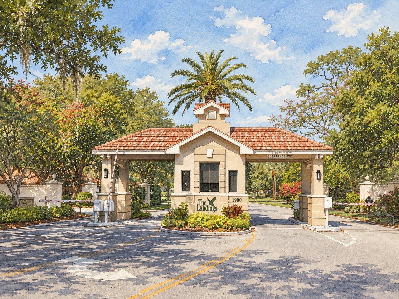 The Landings entrance gatehouse with tiled roof, raised barrier arms, and tropical landscaping.