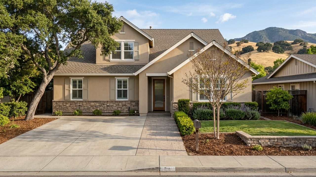 Beige two-story home with a stone-accented facade, landscaped yard, and hills behind it.