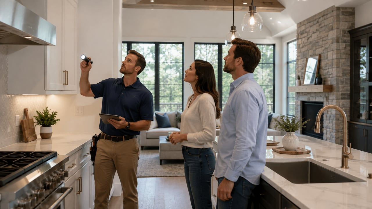 Professional home inspector examining a luxury home while buyers observe, illustrating what to expect during a luxury home inspection in Nashville and Knoxville, Tennessee.