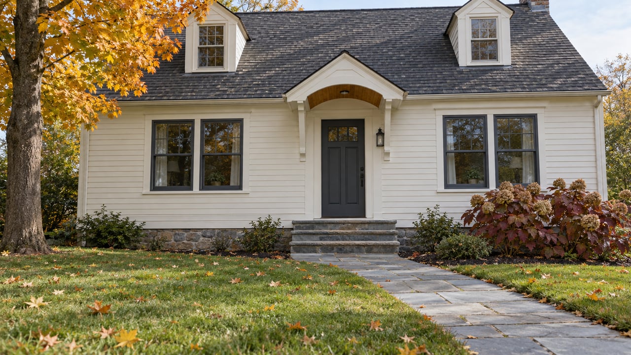 Compact cream clapboard house with charcoal windows, arched entry, blue-gray stone walk and autumn maple foliage across a generous front lawn.