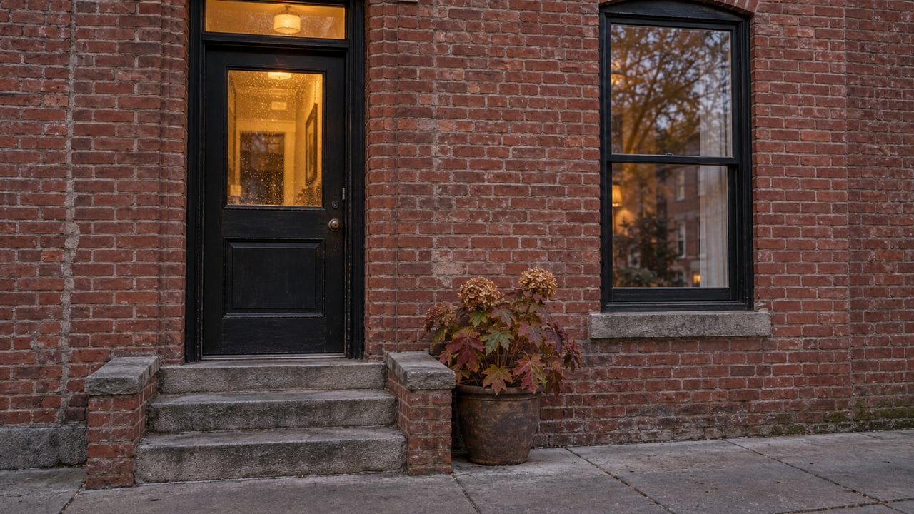 An older red-brick home with a glazed black door, tall sash window, worn stone steps and one potted oakleaf hydrangea in soft evening light.
