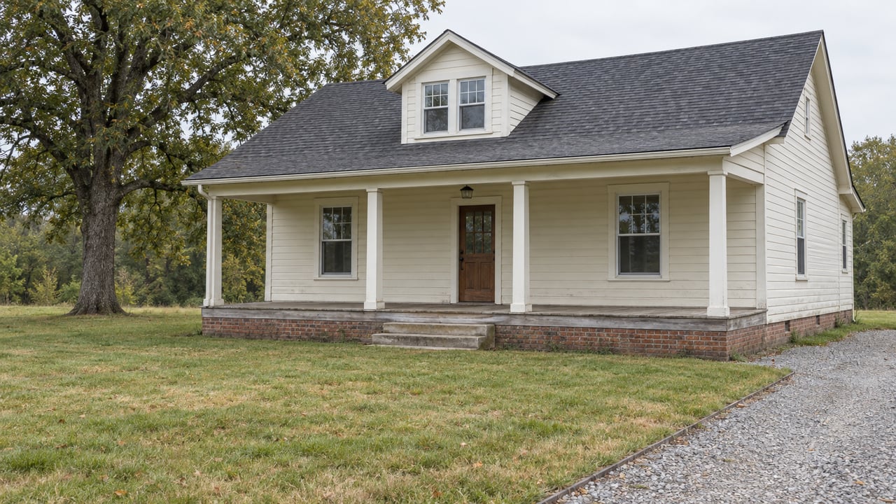 Modest cream-sided country house with a broad covered porch, mature post oak, uneven autumn lawn and gravel approach under soft morning light.