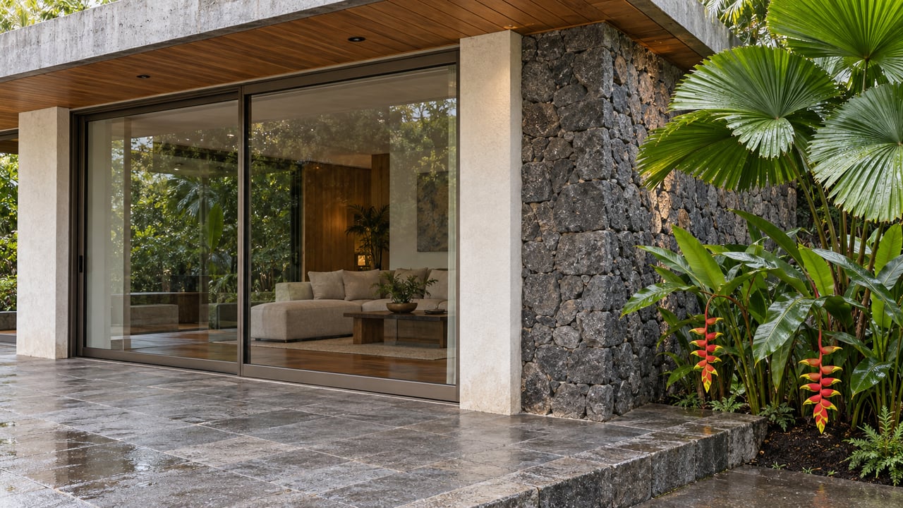 Rain-softened light on a tropical modern villa’s teak soffit, closed glass doors, volcanic-stone wall and stone terrace beside pleated palm leaves and flowering heliconias.