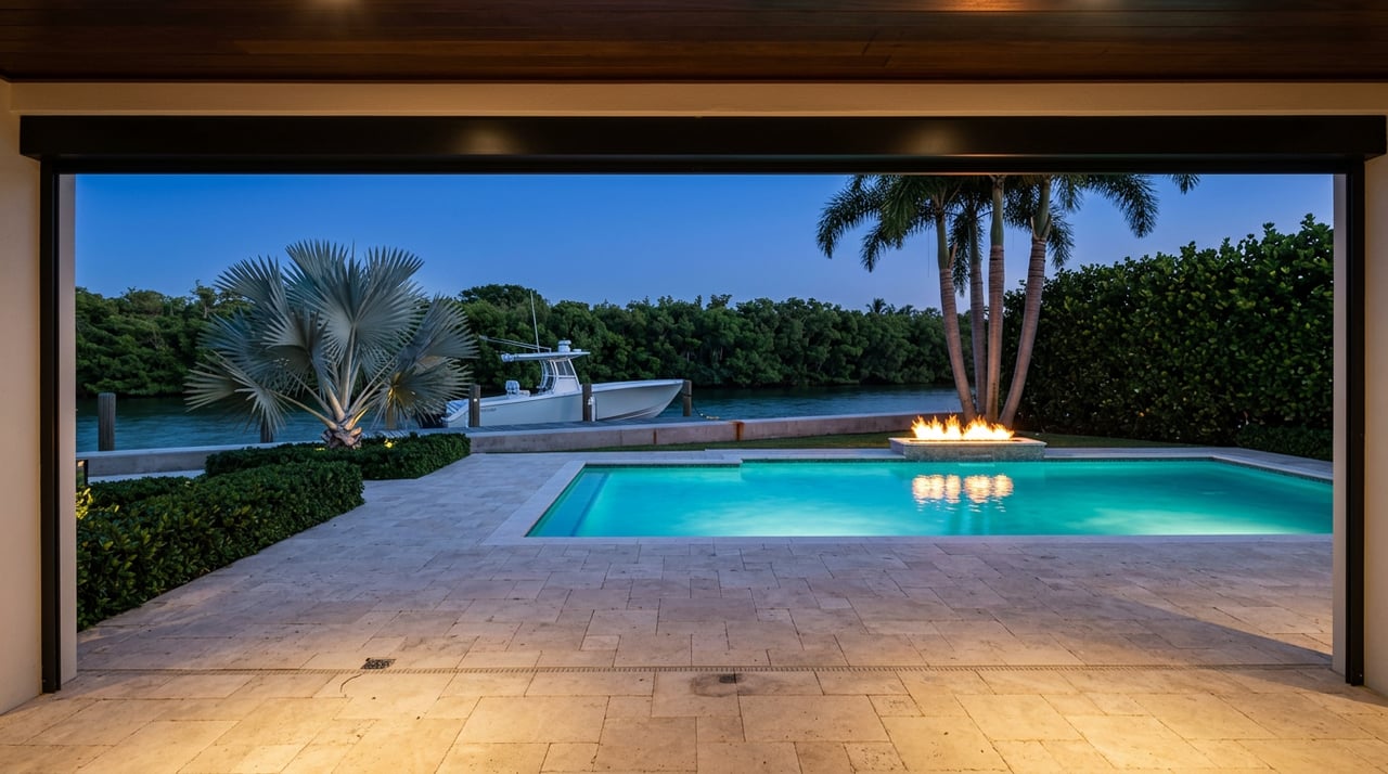 Covered loggia opens onto a turquoise-lit pool, glowing fire bowl, and docked boat beneath palms at dusk.
