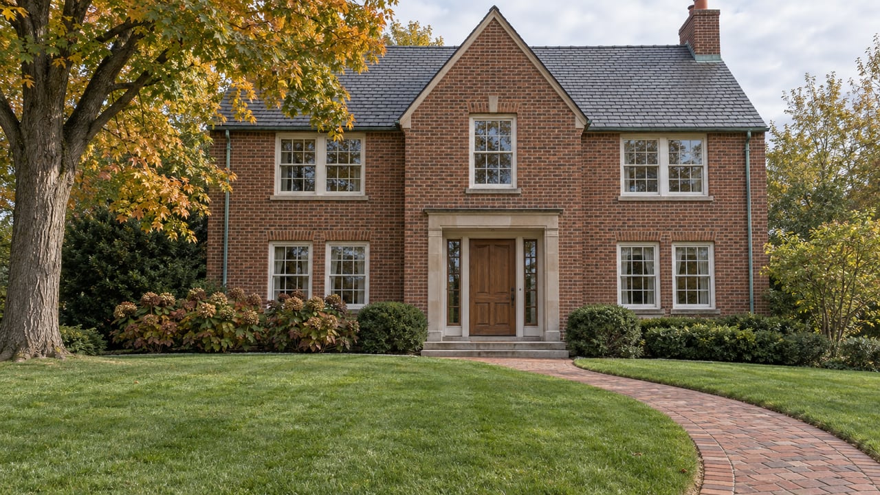 Established brick home with slate roof, a deep lawn, curved brick walk, and an amber-leaved maple in soft autumn daylight.
