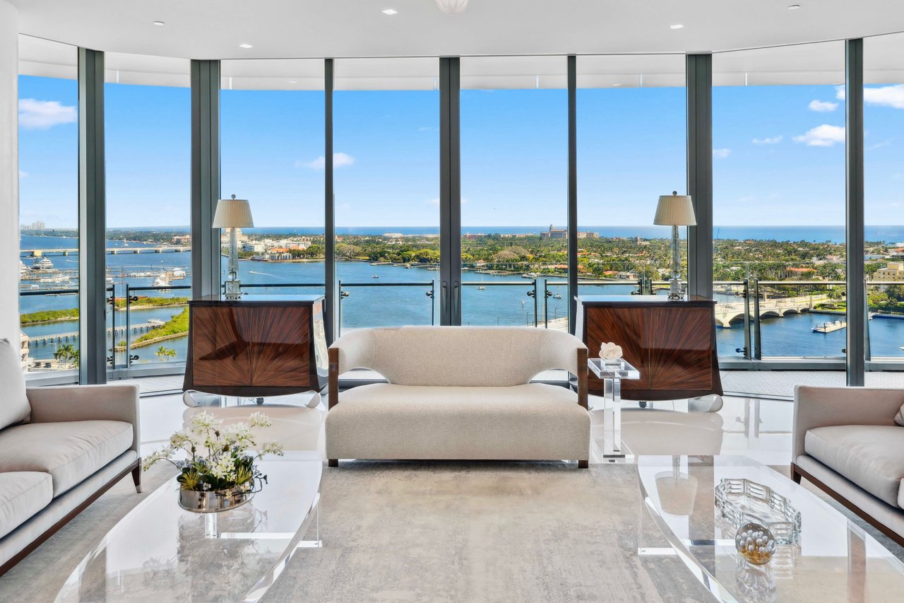 The Bristol West Palm residence 1801 living room overlooking palm beach island, the Atlantic and intracoastal