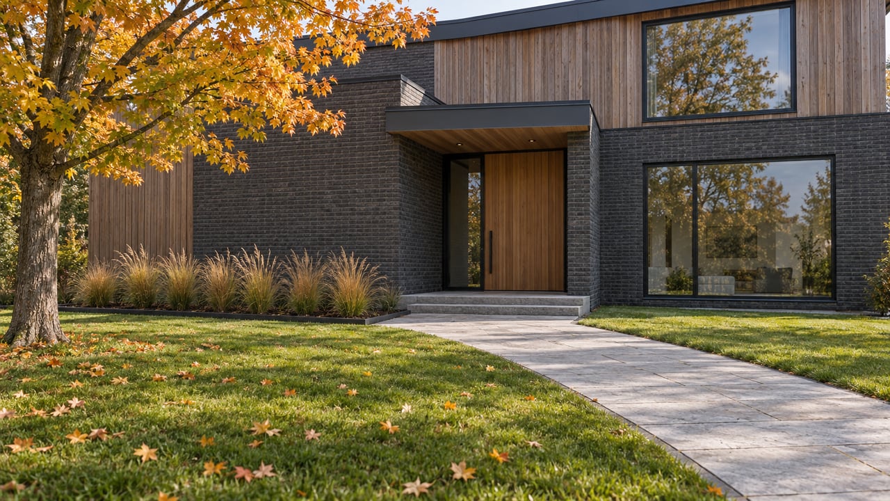 Contemporary home with charcoal brick, cedar cladding and dark-framed windows beyond a broad lawn and limestone entrance walk, with an autumn sugar maple.