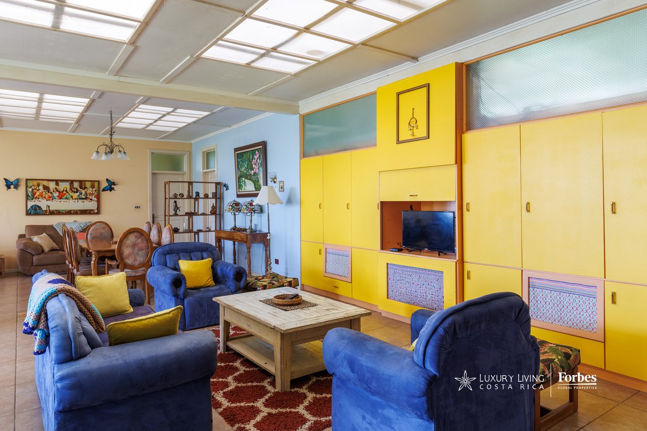 Furnished living room with blue armchairs, a patterned rug, and bright yellow built-in cabinets.