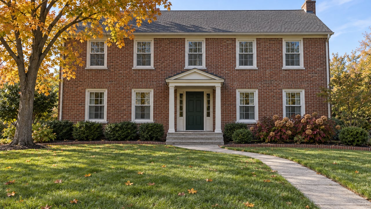 Two-story brick home with a deep green front lawn, curved concrete walk, autumn maple, and hydrangeas.