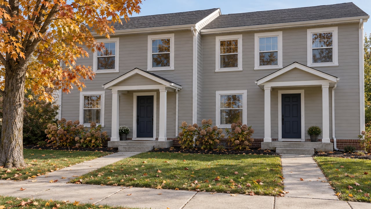Two gray clapboard townhomes with white trim, covered entries, front lawns, and an autumn maple.