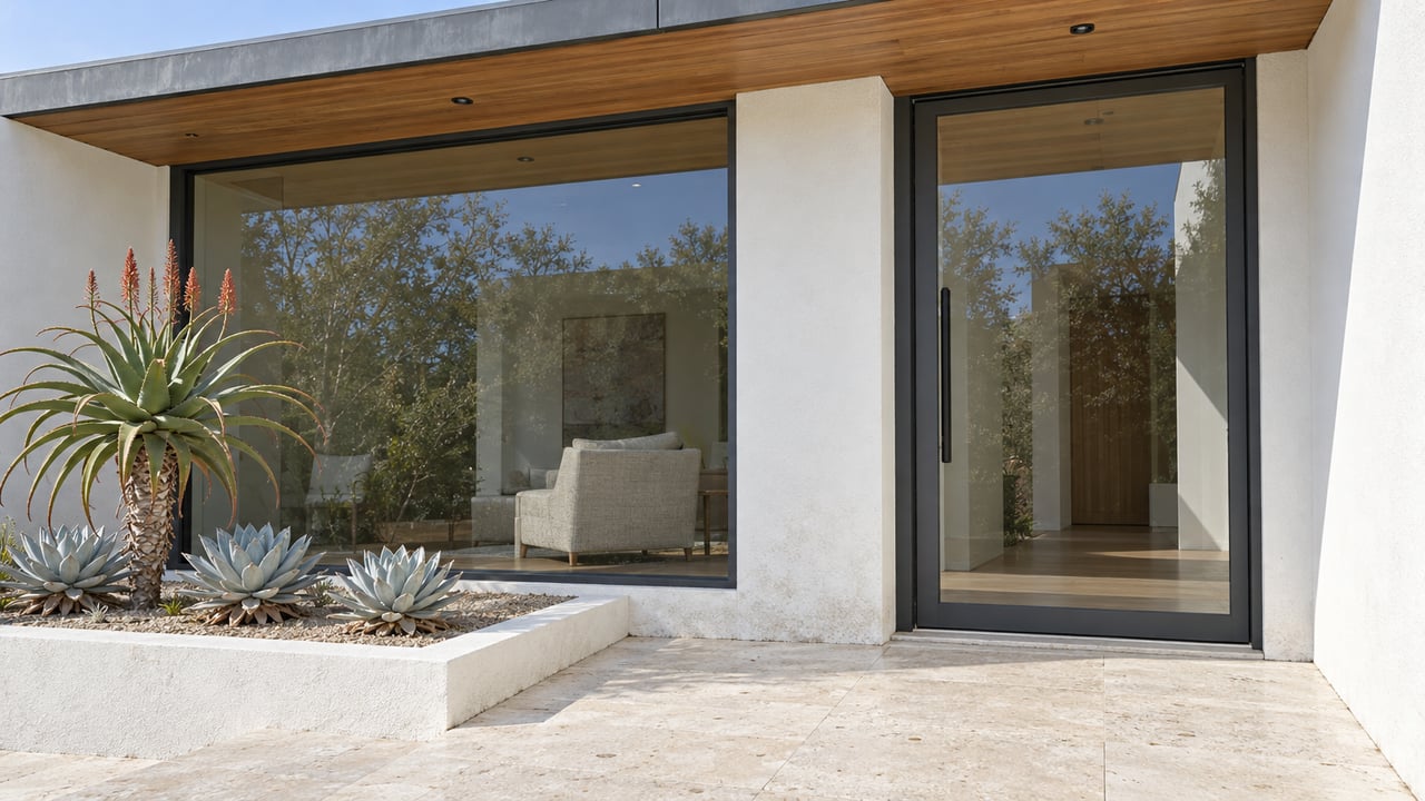 Sunlit white stucco entry with cedar soffit, dark-framed glazing, limestone paving and a raised succulent planter.