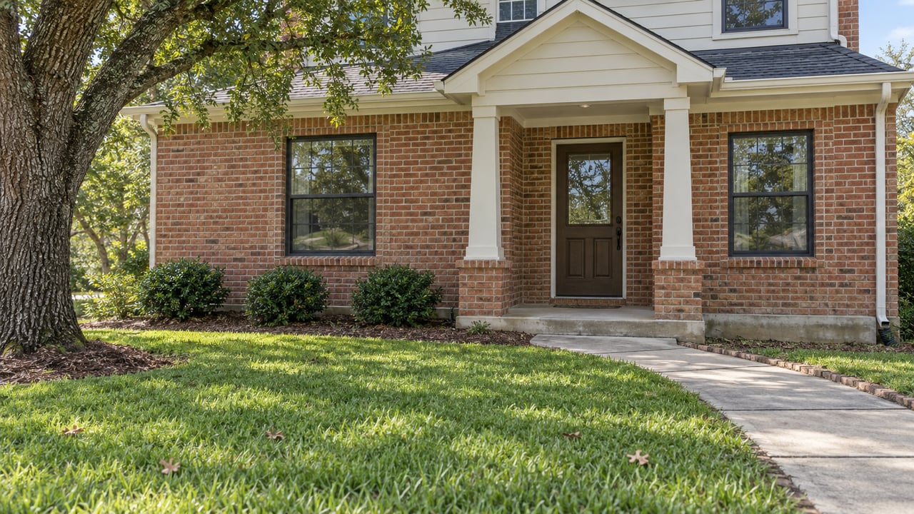 Red-brick suburban home with a recessed porch, broad lawn, and a concrete front walk beneath a mature live oak.