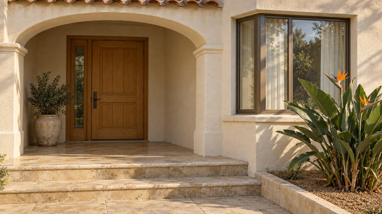 Sunlit stucco entry with an oak door, limestone steps and orange bird-of-paradise flowers.