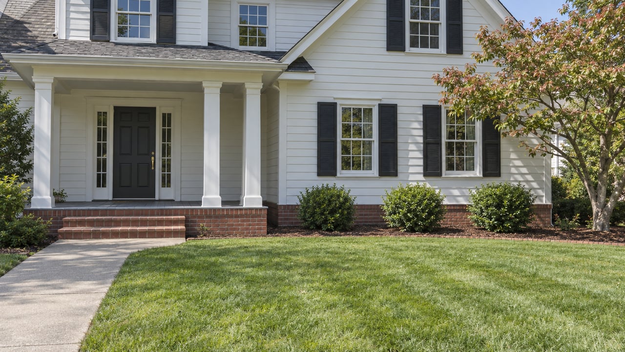 Traditional white clapboard home with black shutters, a raised porch and brick steps beyond a deep green front lawn.