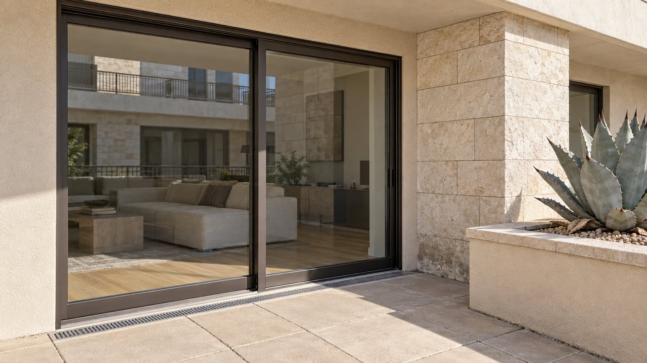 Sunlit residential terrace with pale stucco, limestone cladding, closed bronze-framed glass doors, and a blue-gray agave in a raised planter.