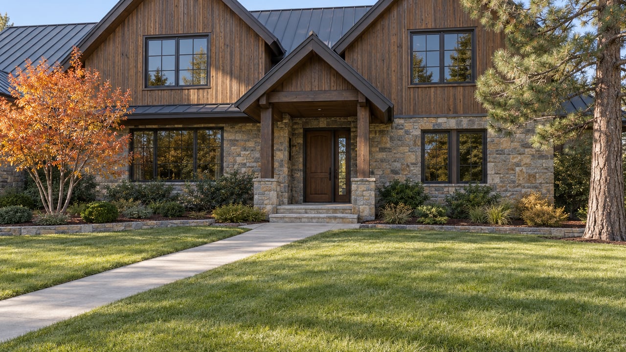 A timber-and-stone gabled home behind a broad front lawn, with autumn serviceberry leaves and a concrete approach in afternoon sunlight.