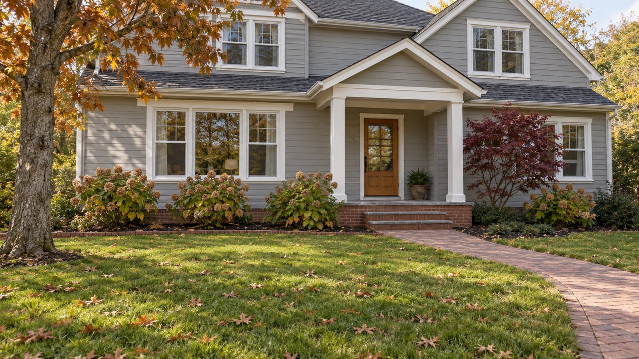 Updated gray gabled home with a deep autumn lawn, brick-edged walk, and mature oak beside a covered front entry.
