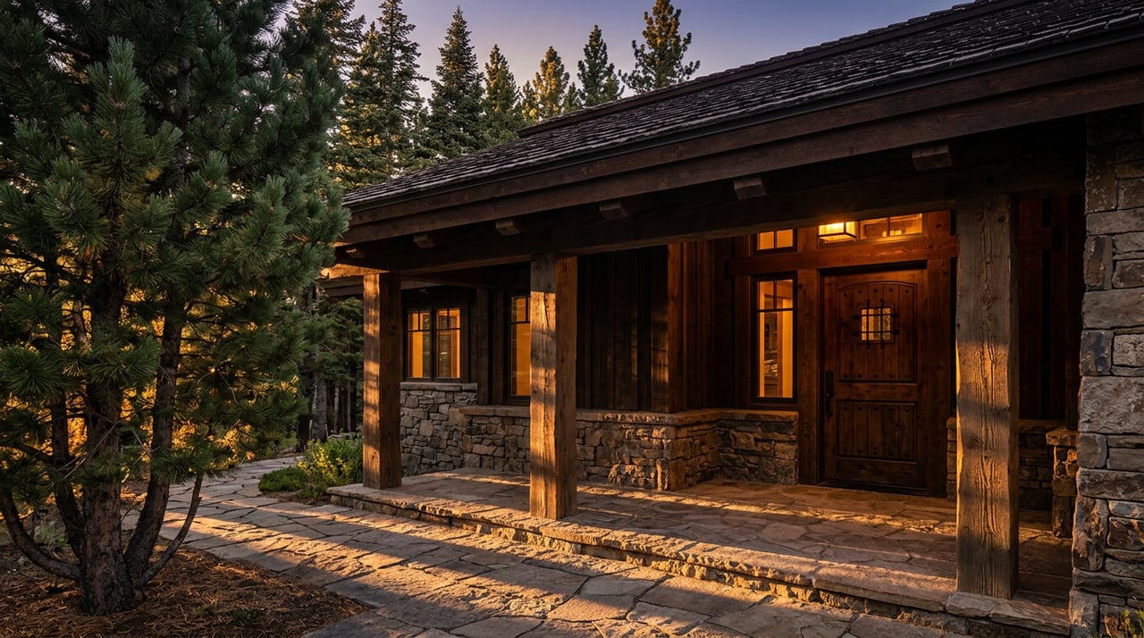 Alpine home entry framed by timber posts, with a stone threshold and conifer shadows in low golden sunlight.